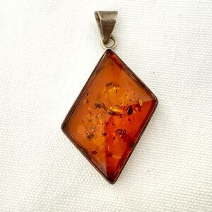 Large Sterling Silver Amber Pendant 2 inches Vintage